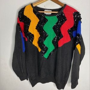 80’s Vintage Crew Neck Knit Sequins Bright Colors Sweater Women’s Size Small